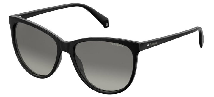 Black cat-eye sunglasses in glossy polycarbonate with gradient polarized lenses, frontal three-quarter view