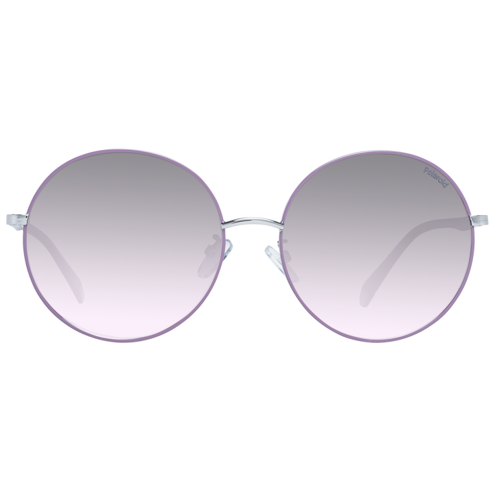 Purple metal round sunglasses with gradient lenses and adjustable nose pads on white background
