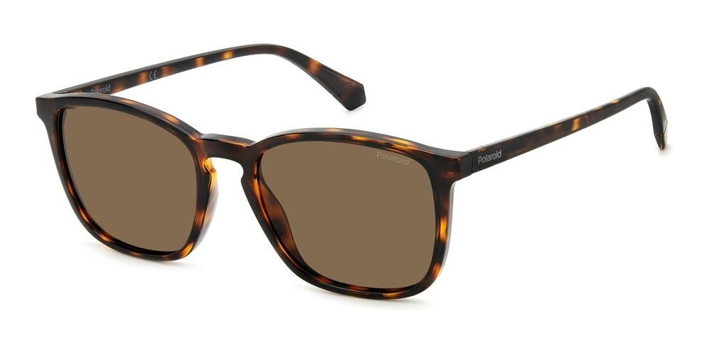 Tortoiseshell full-rim square sunglasses with brown polarized lenses on white background