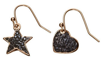 Gold-toned drop earrings with textured star and heart shapes set with black crystals on hooks