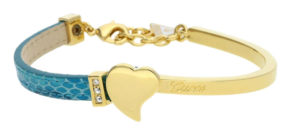 Gold and black leather bracelet with heart charm, blue rhinestones, and chain clasp on white background