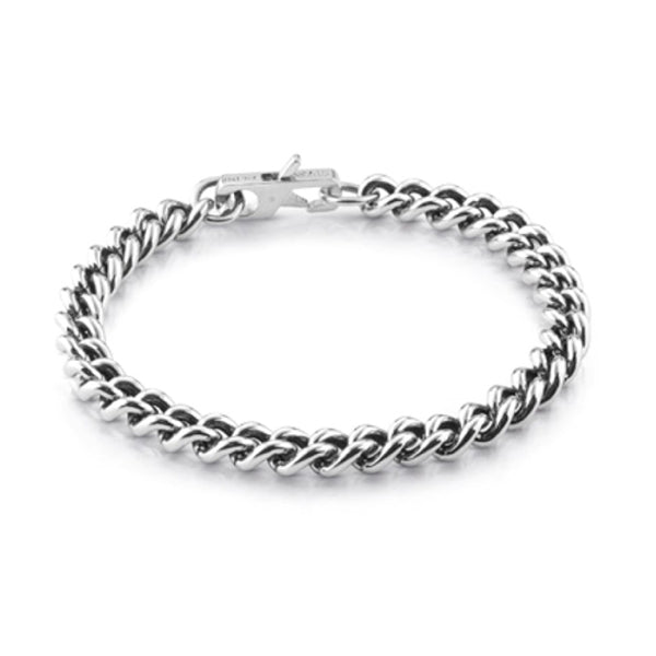 Close-up of polished silver chain bracelet with clasp on neutral background, Unisex metal accessory