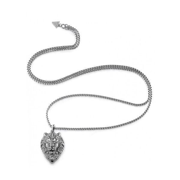 Silver metal pendant necklace featuring detailed lion head on chain with triangular clasp tag