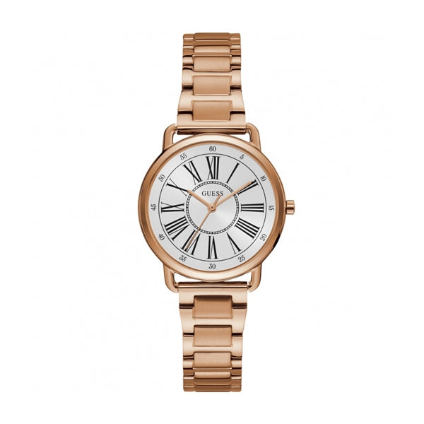 Rose gold stainless steel wristwatch with white dial and Roman numerals on bracelet strap