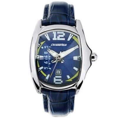 Silver case blue-dial analog wristwatch on blue leather strap with white markers and yellow accents