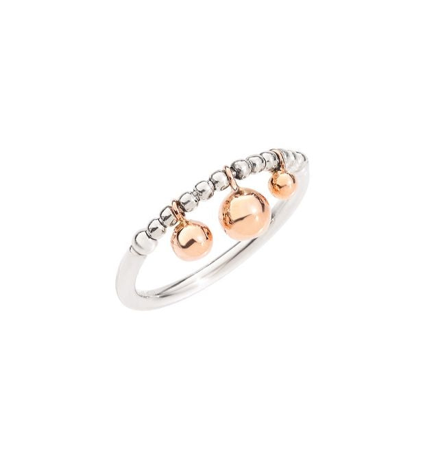 Beaded silver band ring with dangling rose gold spheres shown on neutral background, modern design for Women