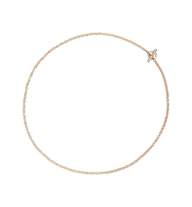Rose gold chain necklace with delicate links and a toggle clasp shown on neutral background