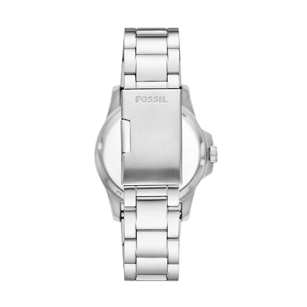 Silver stainless steel diver watch black dial luminous markers rotating bezel date display on bracelet