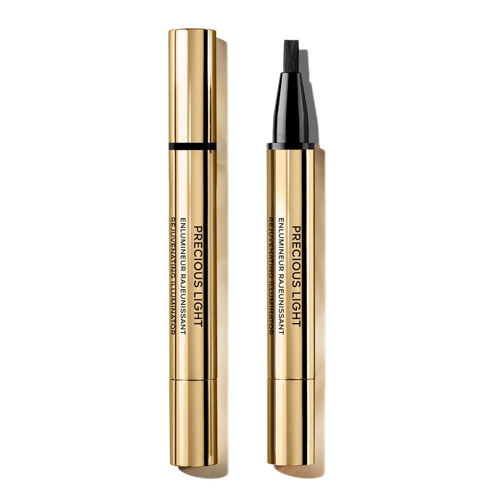 Guerlain slim metallic gold concealer pen with cylindrical shape, brush applicator, shiny finish, black text
