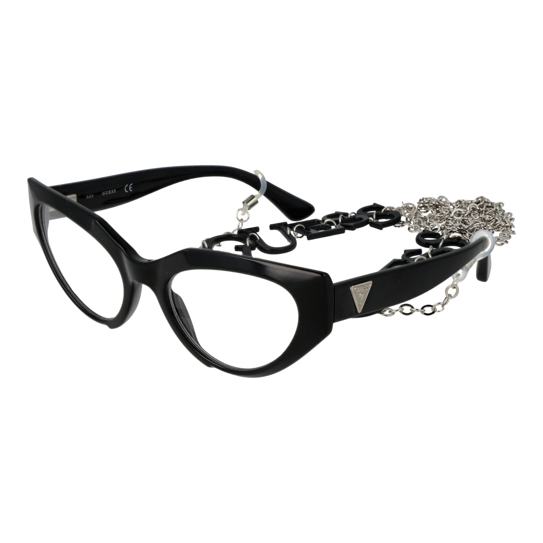Black cat-eye eyeglasses with plastic frame and metal lettered chain draped against neutral background