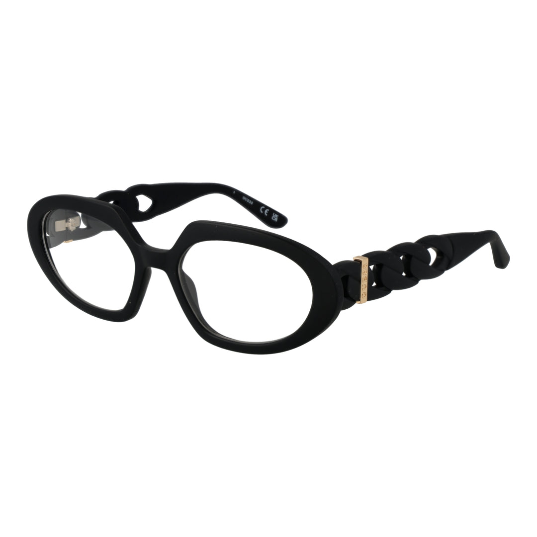 Black oval eyeglasses for Women with plastic frame, chain-link gold-accent temples, front and side profile
