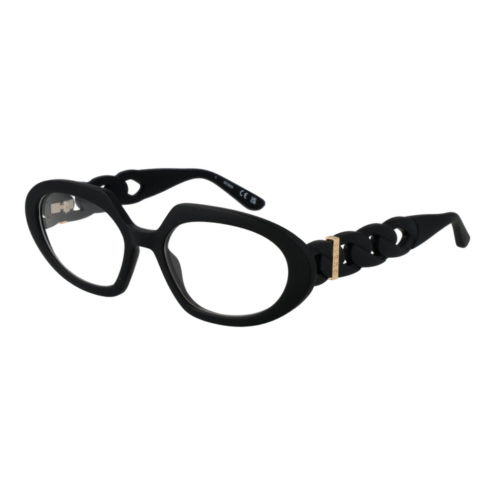 Black oval eyeglasses for Women with plastic frame, chain-link gold-accent temples, front and side profile