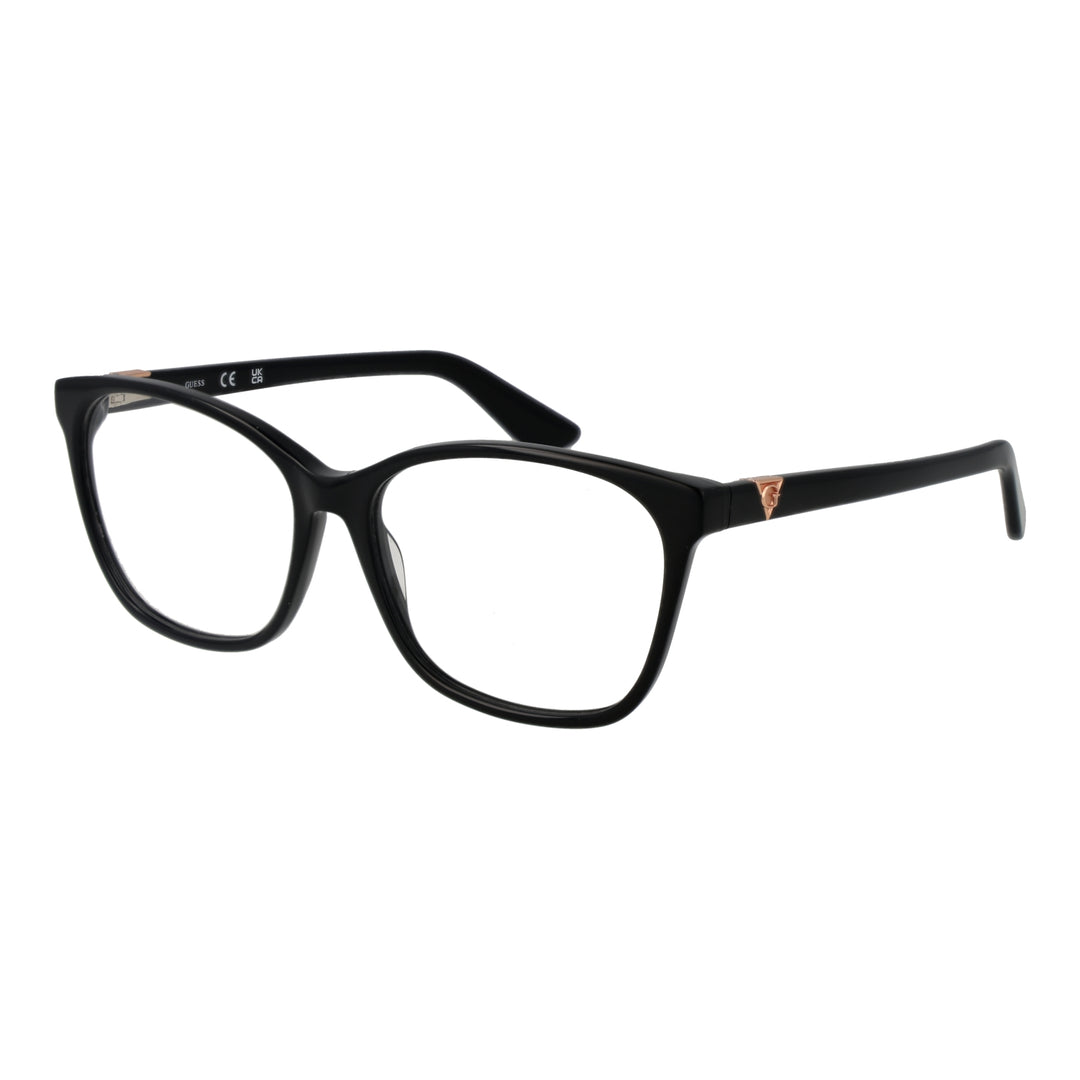 Black full-rim rectangular eyeglasses for Women with small metallic temple logo, modern clean lines