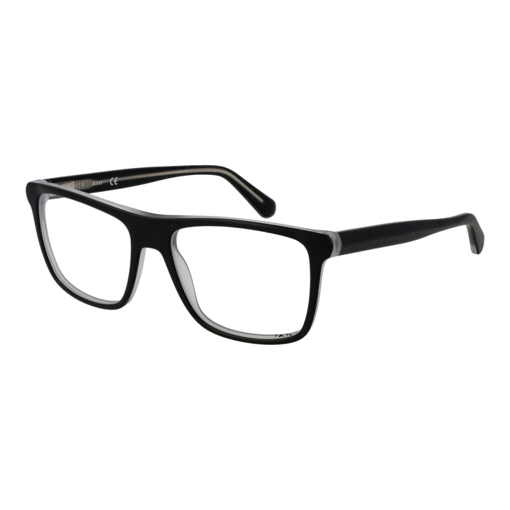 Black full-rim rectangular eyeglasses in modern plastic frame shown front-on and slightly angled