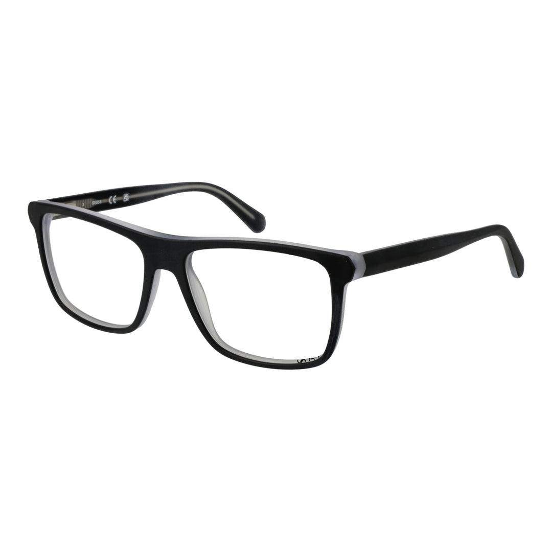Black full-rim plastic eyeglasses with rectangular lenses, modern Unisex design on neutral background