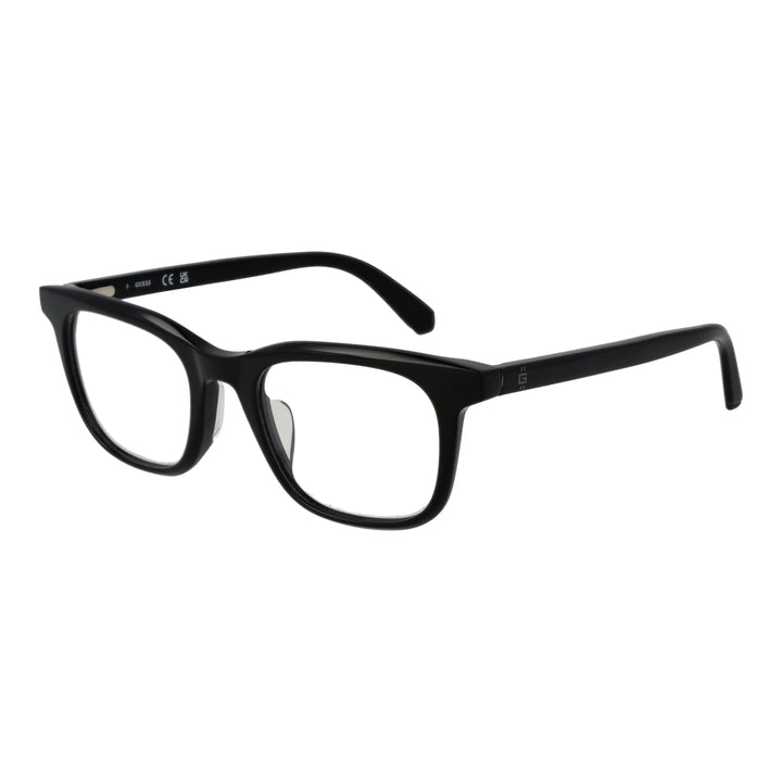 Unisex black full-rim rectangular eyeglasses in plastic with nose pads, front and angled view