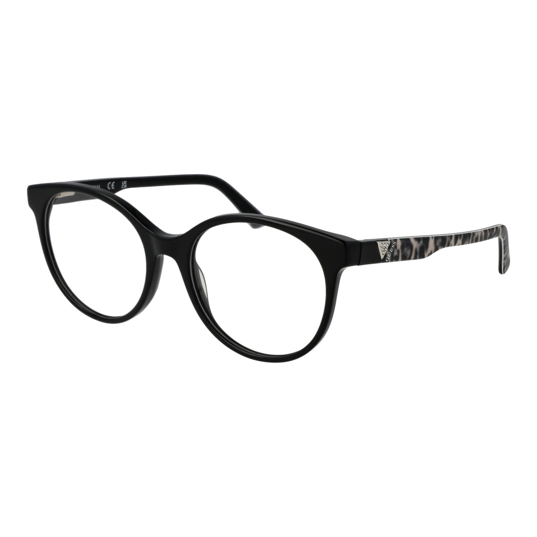 Black round full-rim eyeglasses with leopard-print temples and logo detail, modern fashionable Women’s frame
