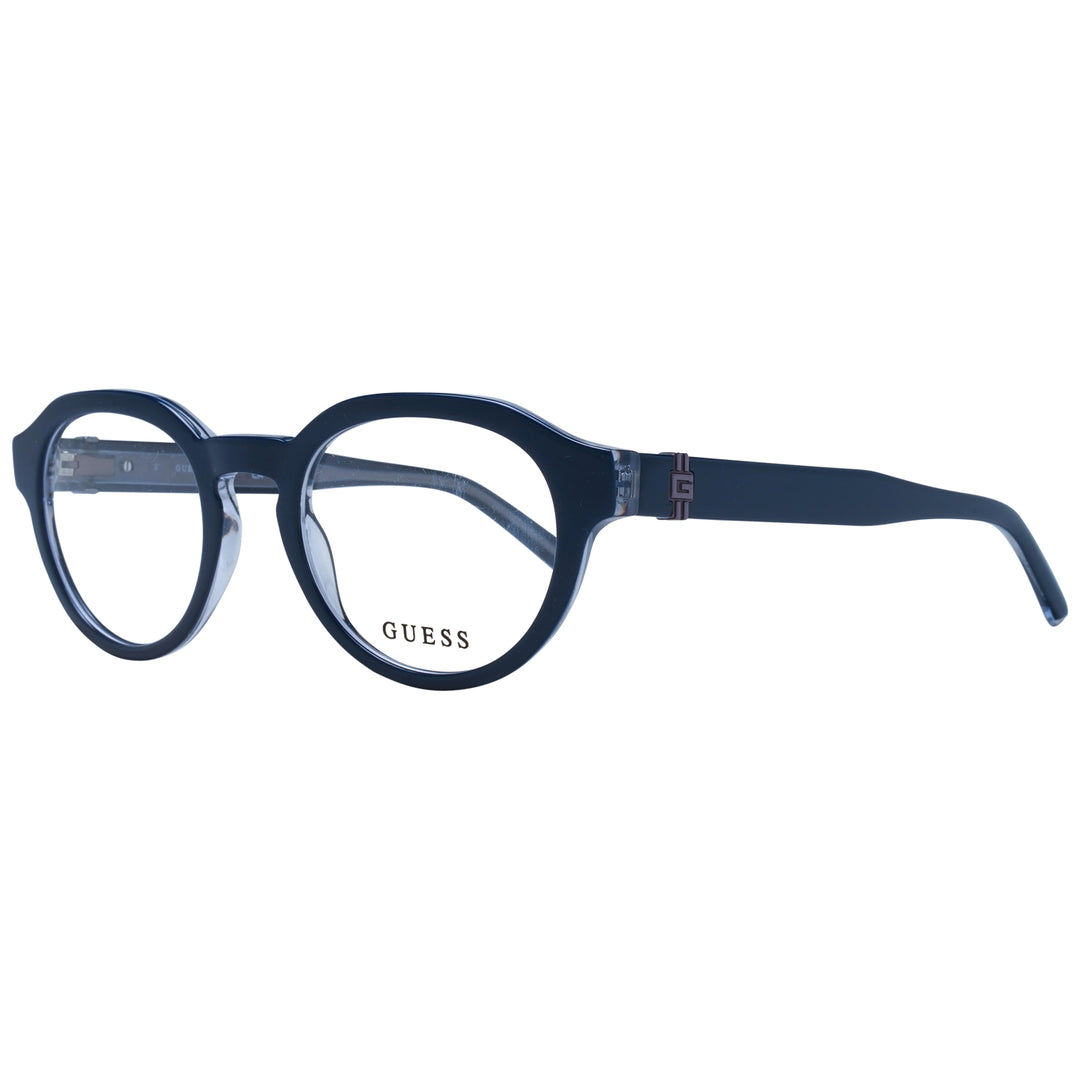 Unisex Guess black round plastic eyeglasses with clear lenses and logo-detail temples, front three-quarter view