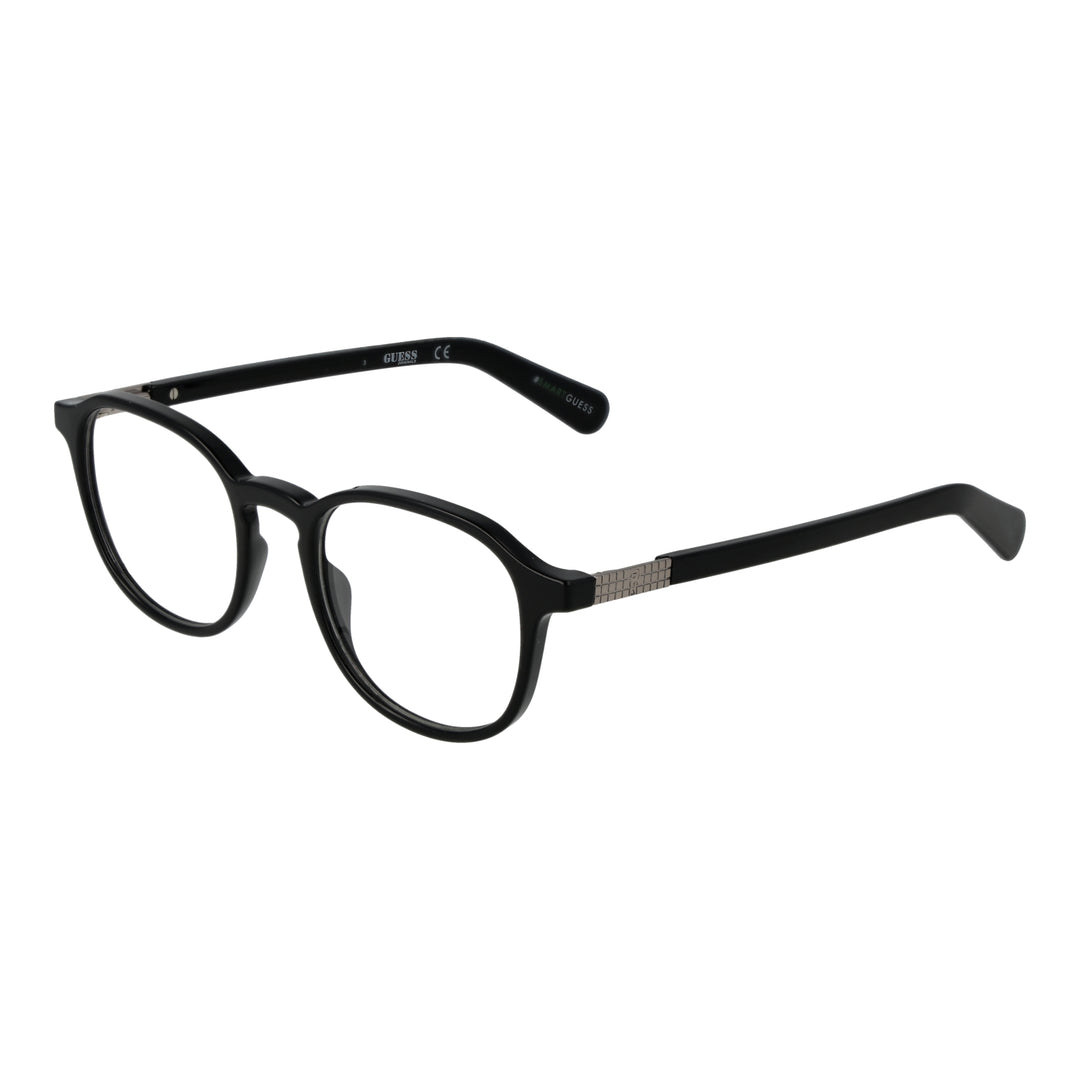 Unisex black round eyeglasses with plastic frame and metal-accent temples on white background