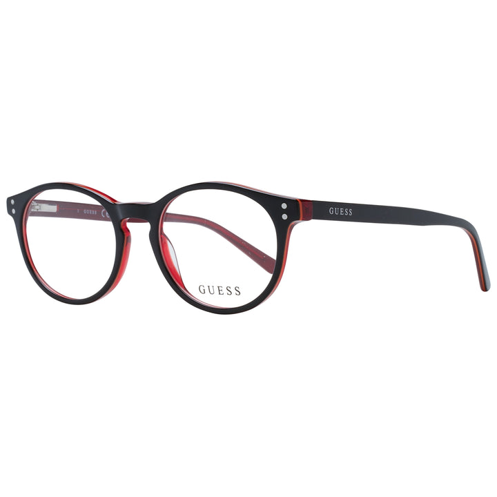 Unisex black-and-red round eyeglasses in plastic frame with silver hinge dots shown front view