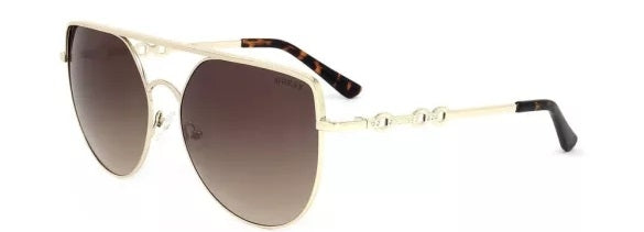 Gold aviator sunglasses with black-to-red gradient lenses and decorative chain temples, leather case and branded cloth