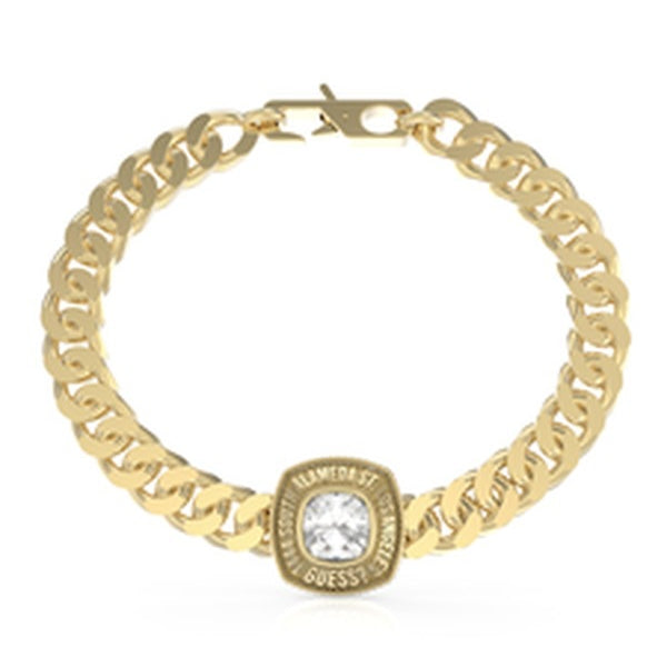 Gold chunky chain bracelet with central decorative stone and lobster clasp on white background