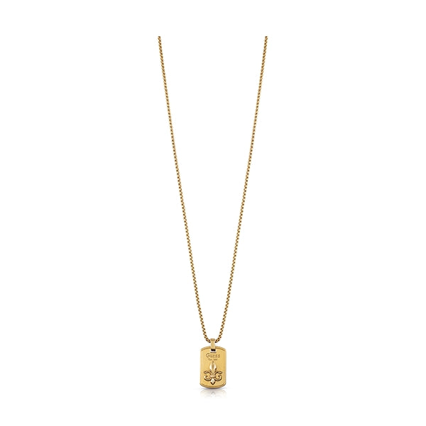 Unisex gold pendant necklace on chain featuring engraved fleur-de-lis on rectangular plaque