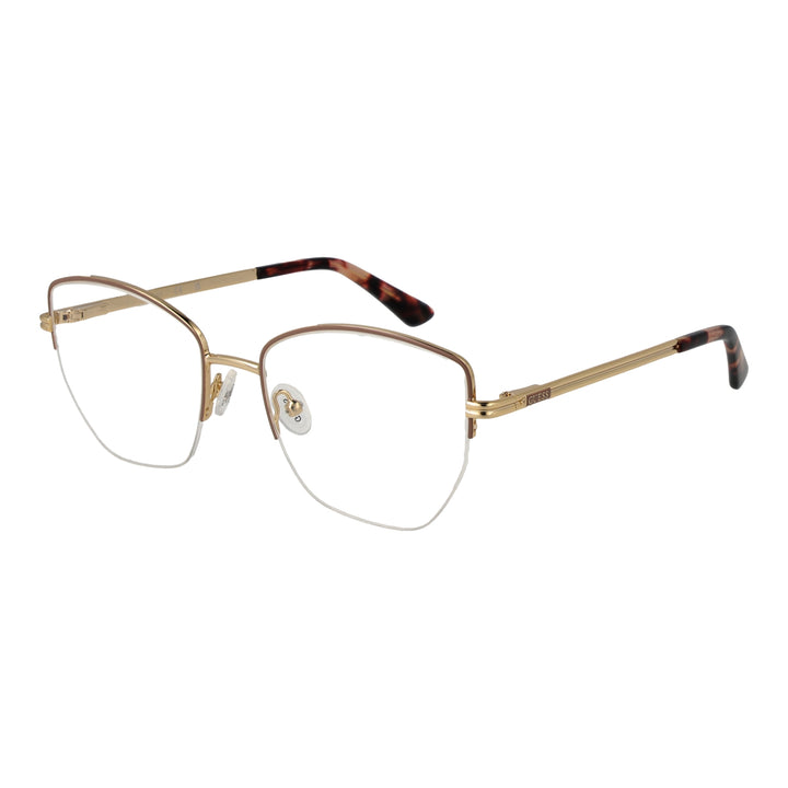 Gold thin metal square eyeglasses with tortoiseshell temple tips on white background, front view