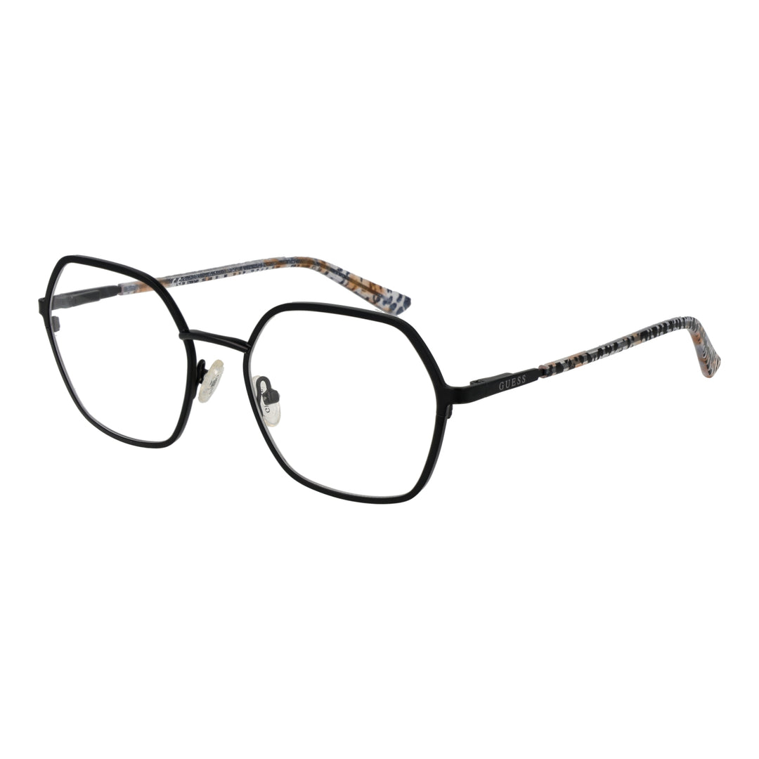 Black metal hexagonal eyeglasses with beige, black, white patterned plastic arms and adjustable nose pads