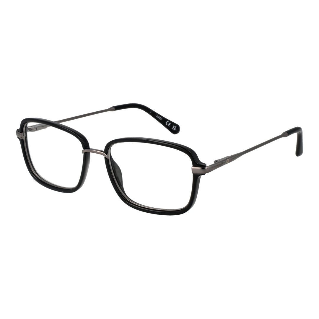 Unisex black and metallic gray rectangular eyeglasses with thin metal temples and plastic temple tips