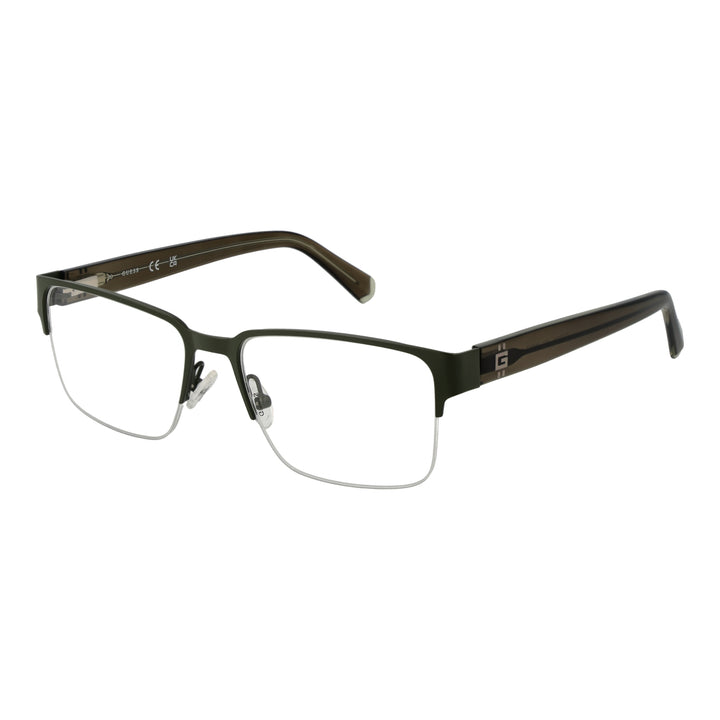 Unisex semi-rimless eyeglasses in green and brown metal and plastic with rectangular lenses and nose pads