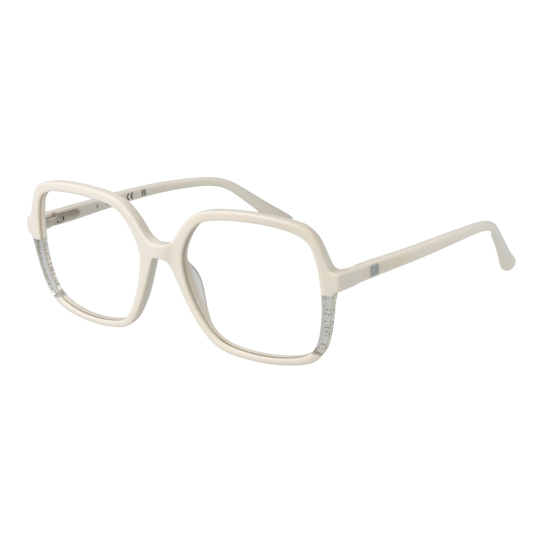 Off-white full-rim square eyeglasses for Women with clear lower edges and embedded speckles, modern plastic frame