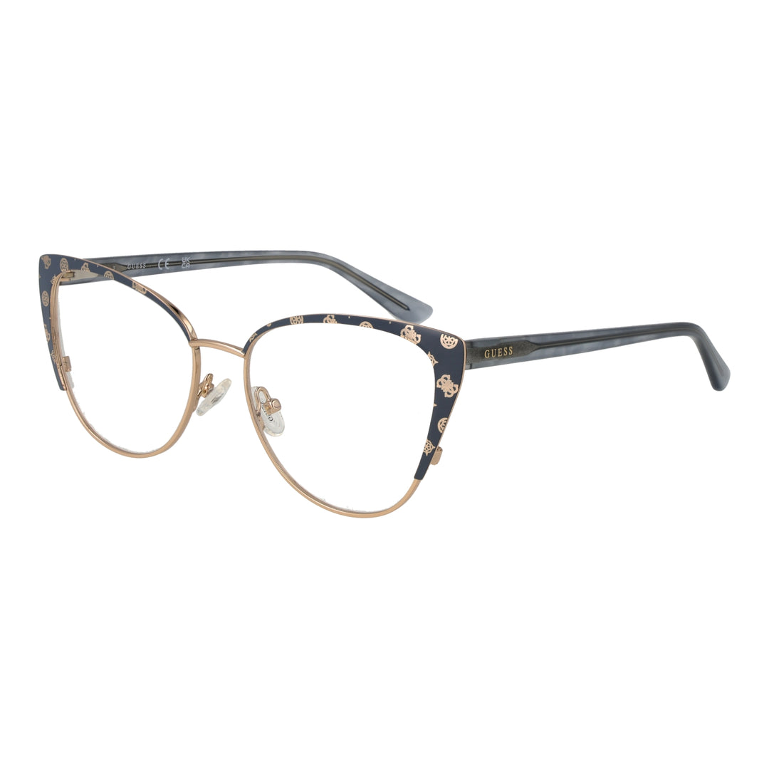 Black and gold patterned cat-eye eyeglasses for Women, metal temples, adjustable nose pads, front pattern visible
