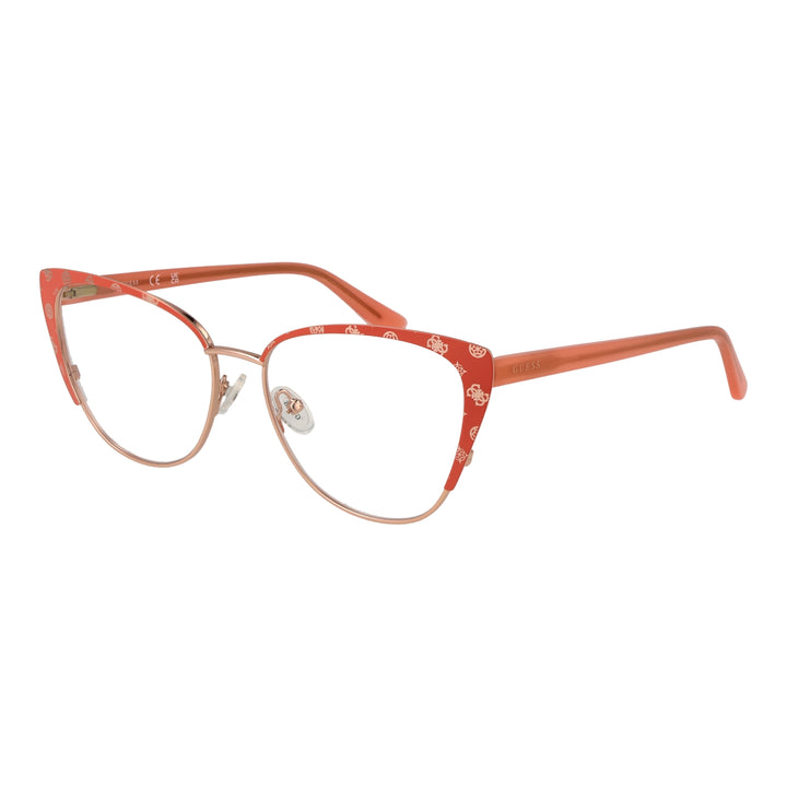 Orange and gold patterned cat-eye eyeglasses with metal temples and decorative upper frame for Women