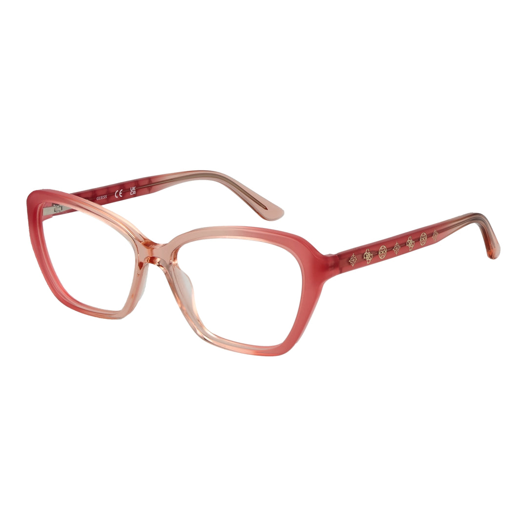 Pink gradient cat-eye eyeglasses in plastic with gold temple symbols on a clean white background