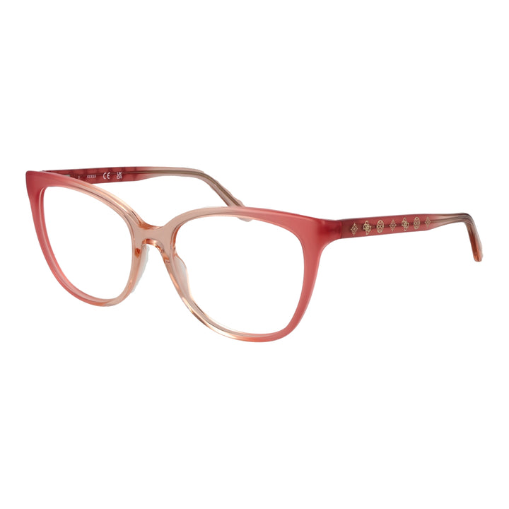 Pink gradient cat-eye eyeglasses in plastic with gold decorative temple symbols, shown three-quarter view