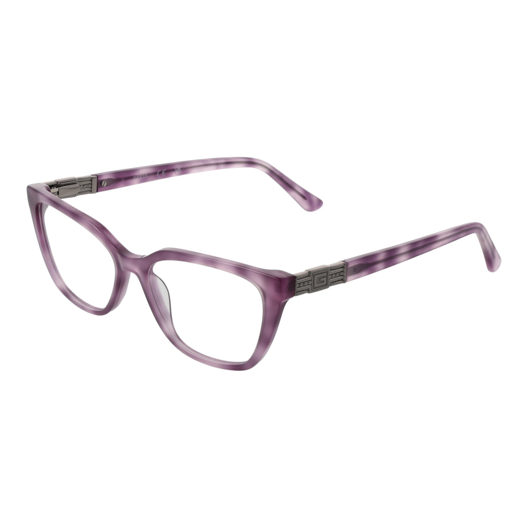Purple rectangular eyeglasses in plastic frame with metal hinge and &