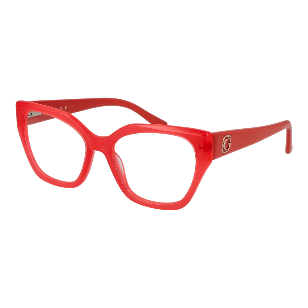 Red thick plastic square eyeglasses for Women with logo detail on temple, modern design, clear lenses