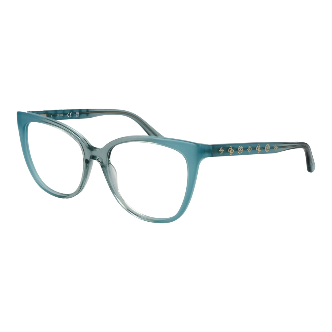 Blue plastic cat-eye eyeglasses with gold decorative symbols on temples, fashionable retro style for Women