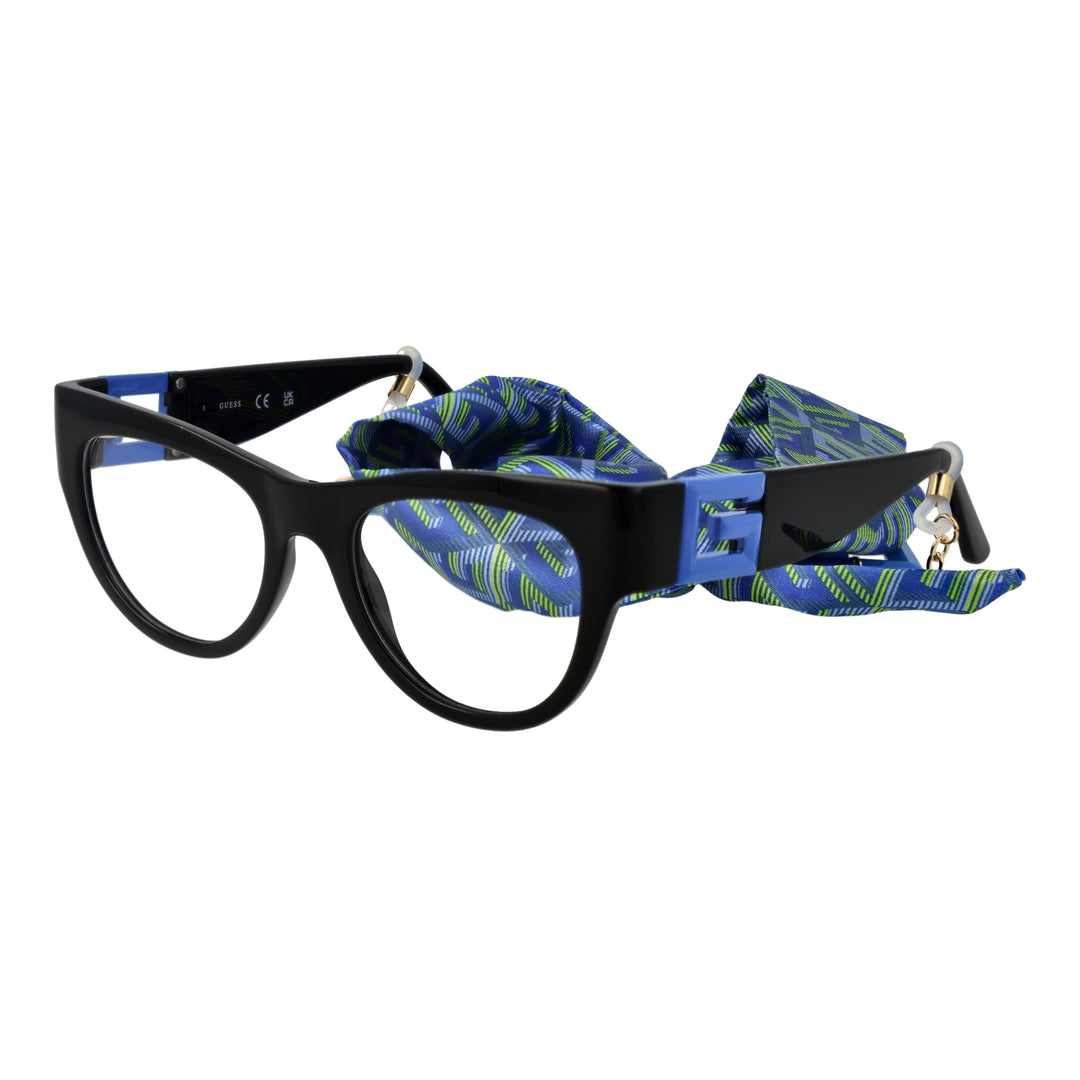 Black, blue, and green retro cat-eye eyeglasses with decorative blue &