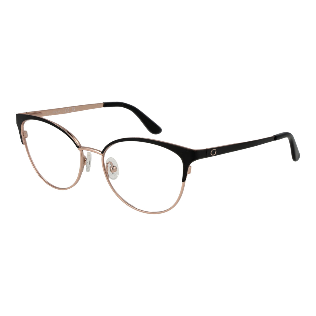 Black and rose gold metal cat-eye eyeglasses with adjustable nose pads and black plastic temple tips