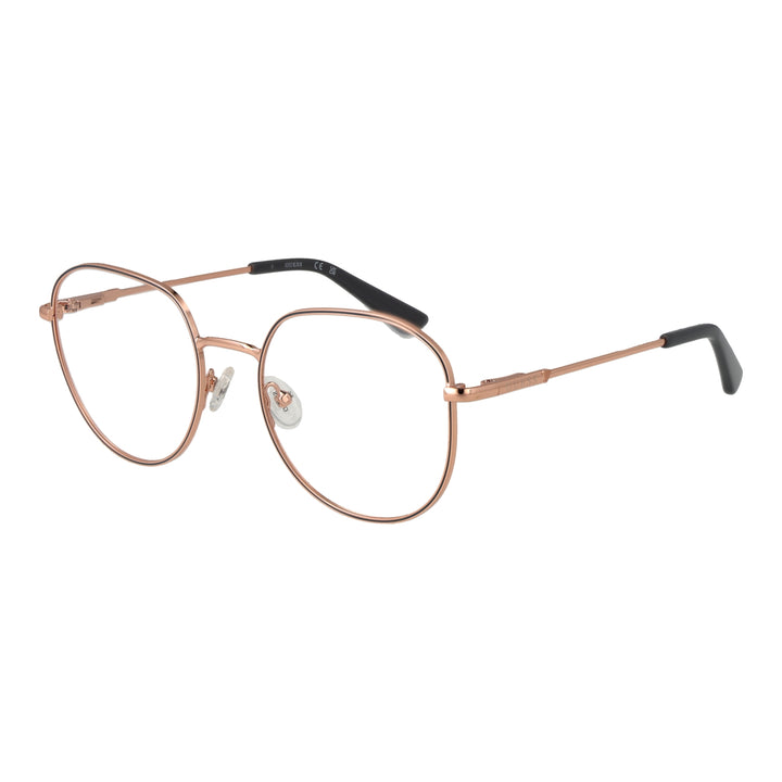 Unisex rose gold round metal eyeglasses with black temple tips and clear lenses, thin frame, adjustable nose pads.