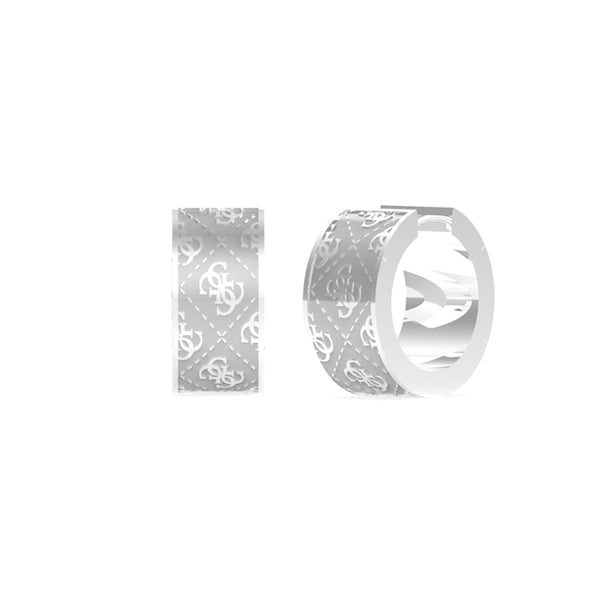 Unisex silver metal ring patterned with repeating Guess logo design in polished finish, low-profile band