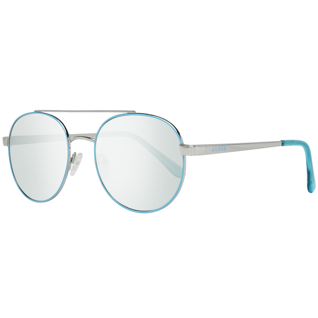 Unisex silver metal aviator eyeglasses with light-blue round lenses and double bridge on white background