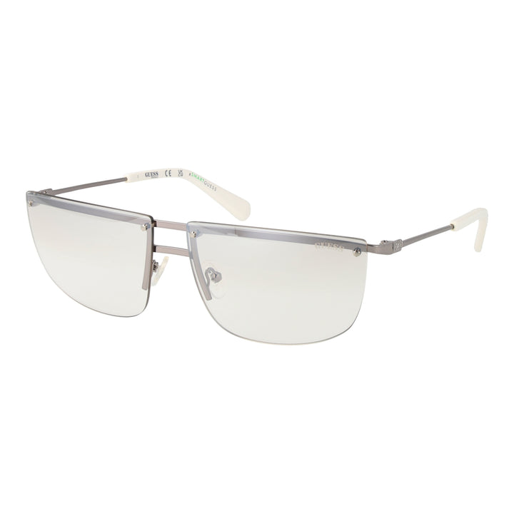 Unisex silver rimless eyeglasses with thin metal temples and adjustable nose pads on white background