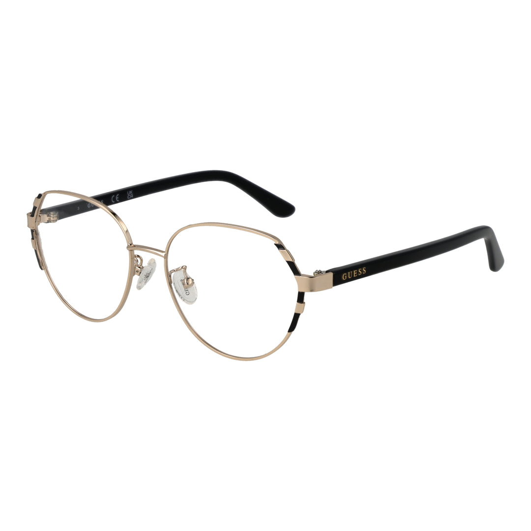 Gold thin metal round eyeglasses with black plastic temple tips on neutral background, front view