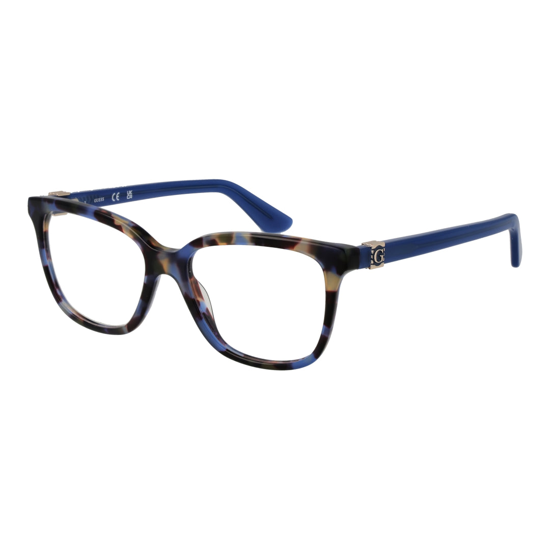 Blue and tortoise patterned square eyeglasses with solid blue temples and metal logo detail