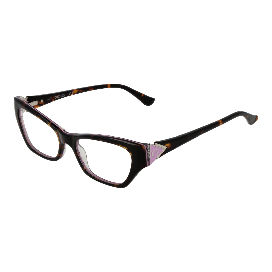 Tortoise shell cat-eye eyeglasses for Women with purple accents and triangular metal temple logo
