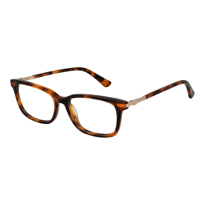 Unisex tortoise brown rectangular eyeglasses with plastic frame and metal hinge accents, front view on white