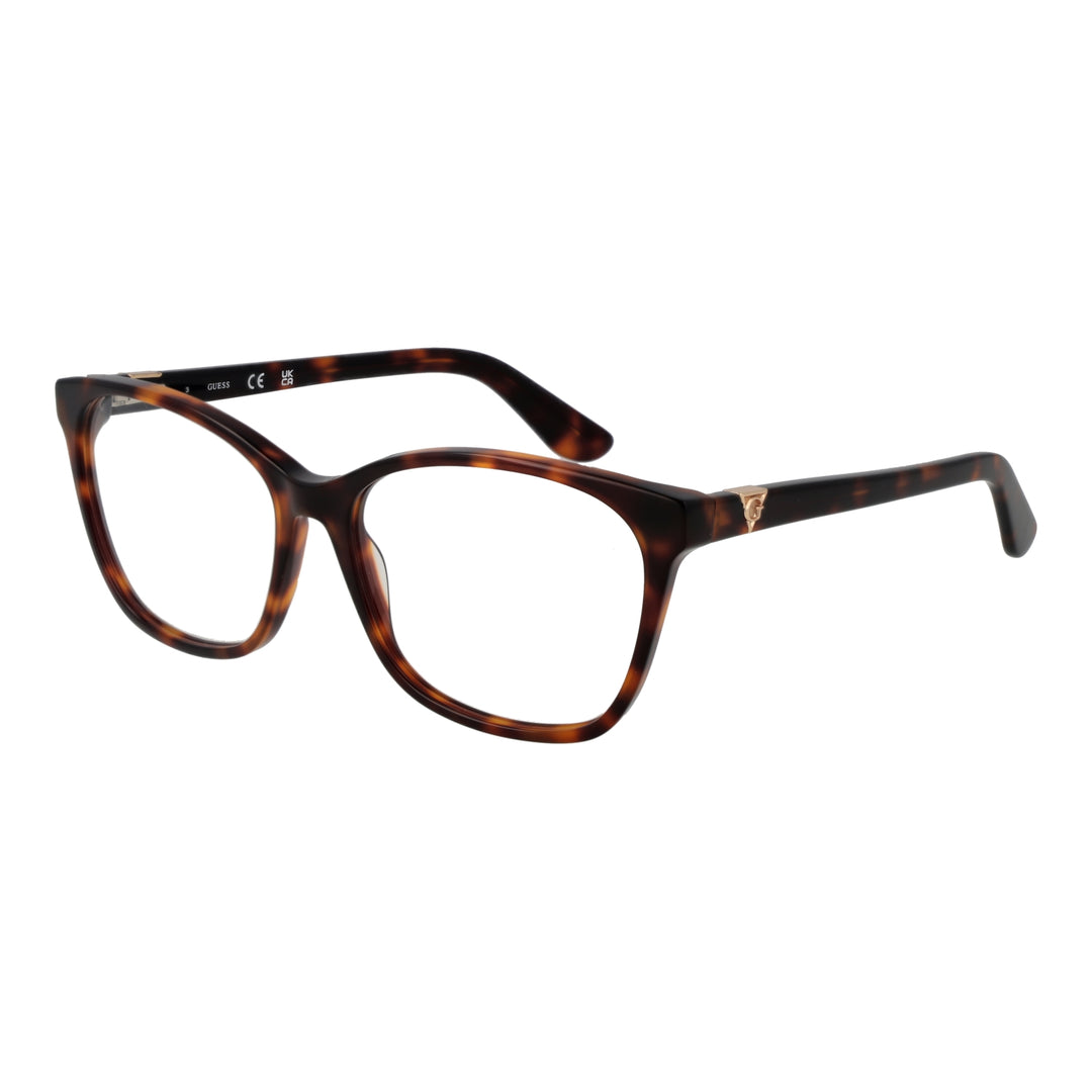 Tortoise brown square eyeglasses in plastic with gold temple accents, shown front and side views